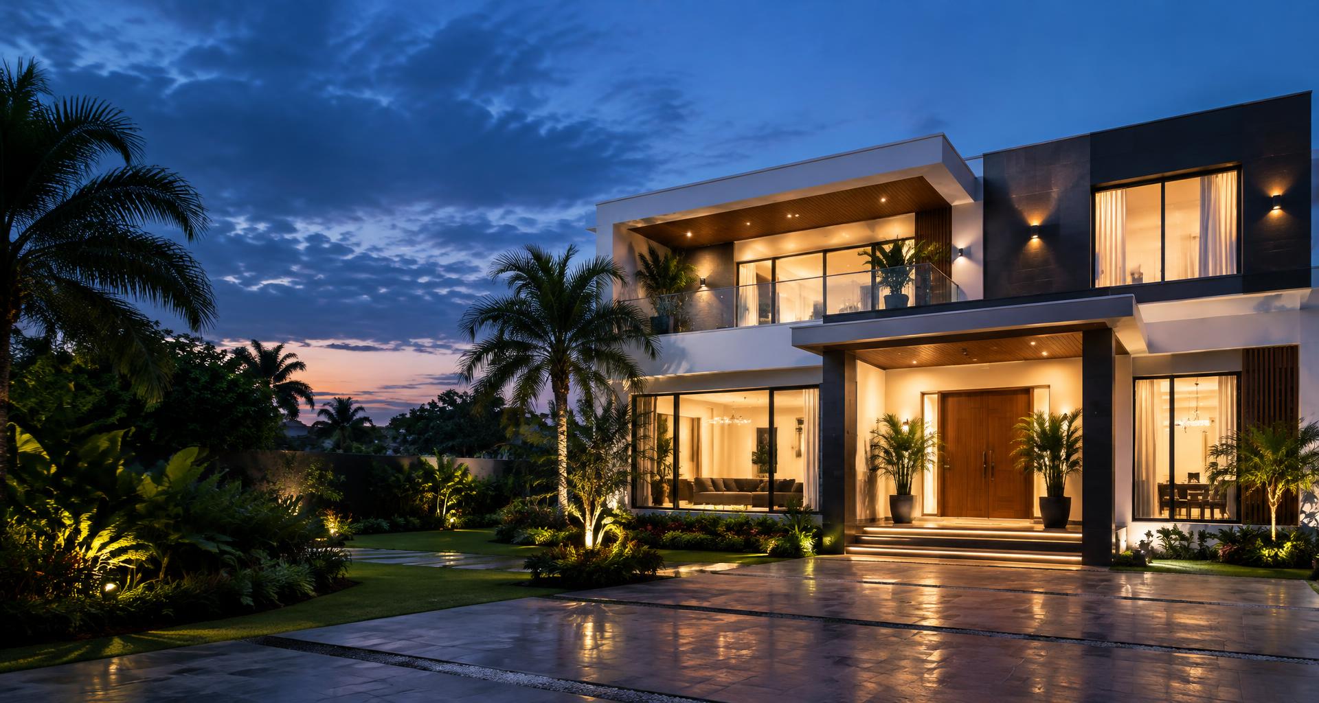 Illustrative modern house with carefully finished exterior and warm lighting